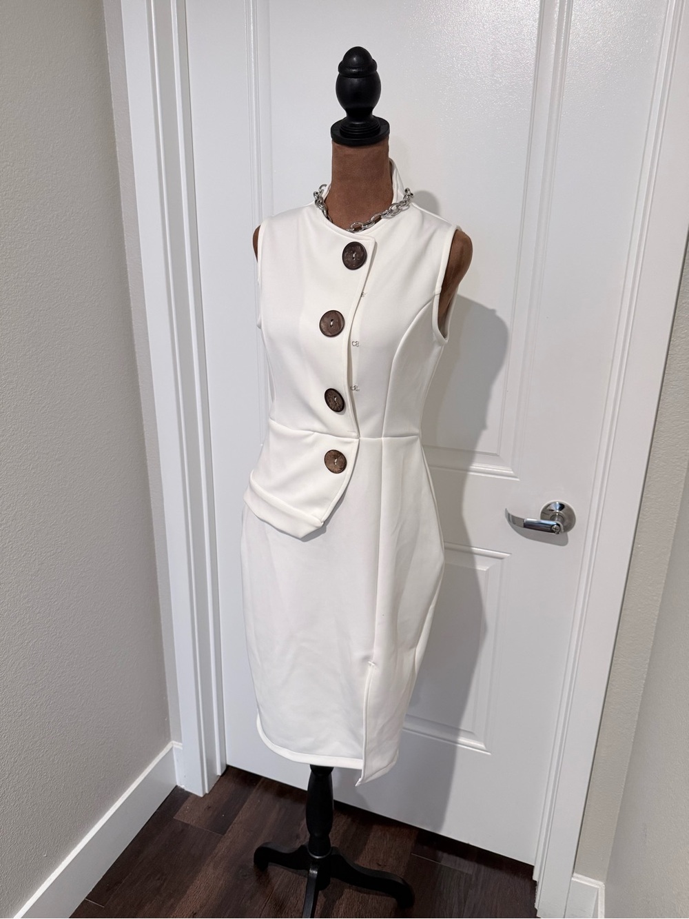 Chic White Asymmetrical Button Detail Midi Dress –Size S